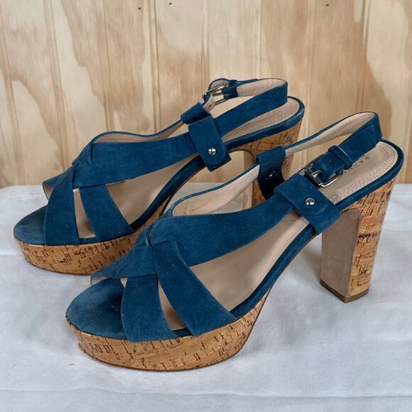 Barneys New York Women's Platform Chunky Heels-Blue Suede Leather Size 9 - Picture 3 of 11